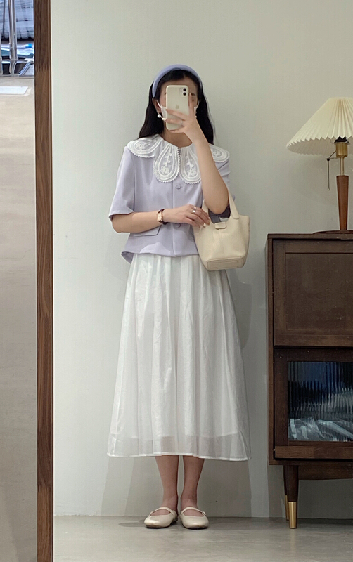 goods in stock! [chocolate] Korean doll neck loose shirt 20021# L