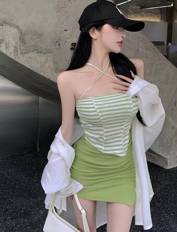 [JH] net red letter sunscreen shirt + striped neck suspender Vest + skirt suit 41602# PCZ