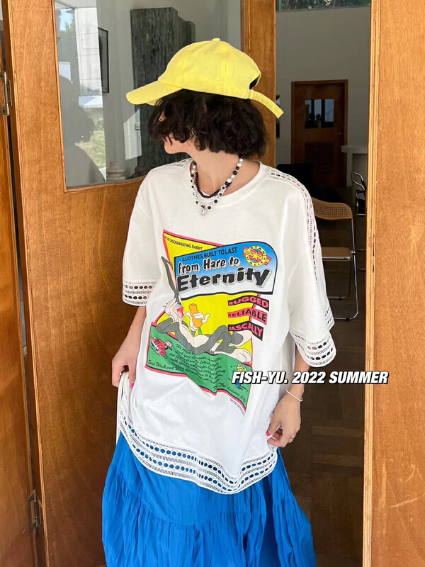 [fish Yu] Bugs Bunny cartoon print stitched lace short sleeve T-shirt 22160# LSL