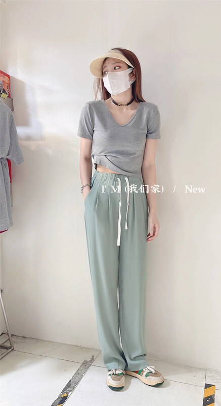 [I'm] simple solid color elastic waist lace up casual pants 9005# cqw