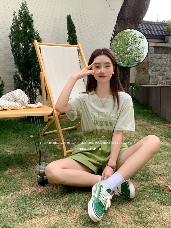 [teem ing] Korean ins back design printed short sleeve T-shirt 22t189# hjy