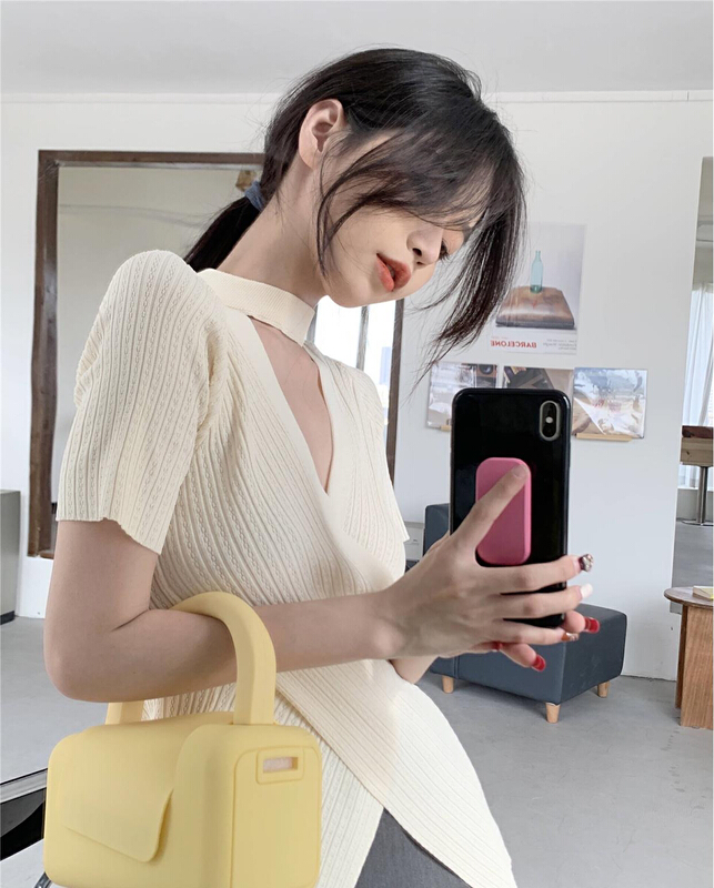 [LMK] Korean style hanging neck V-neck short sleeve sweater 221112 \hjy