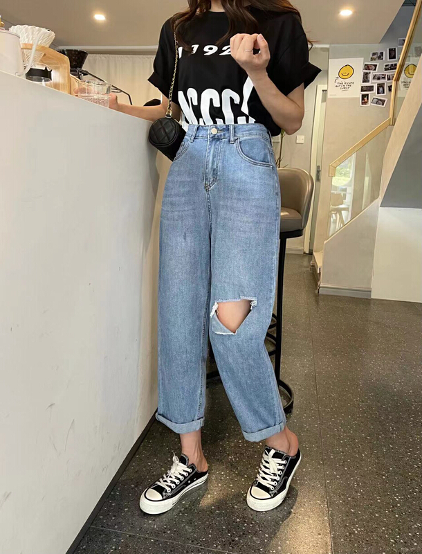 New in early summer! [en Xier] slim and versatile Korean version of broken hole Harlan jeans k1015# L