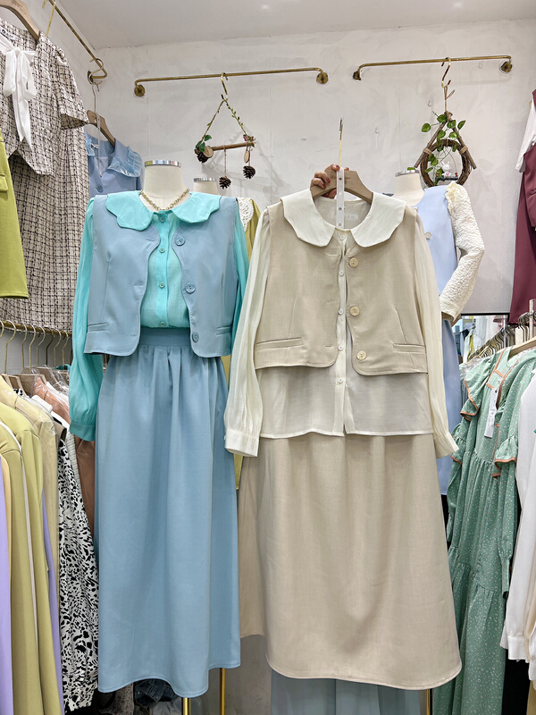 [x.p.g] small fresh solid color shirt + breasted Vest + slim skirt three piece suit 20693# hjy