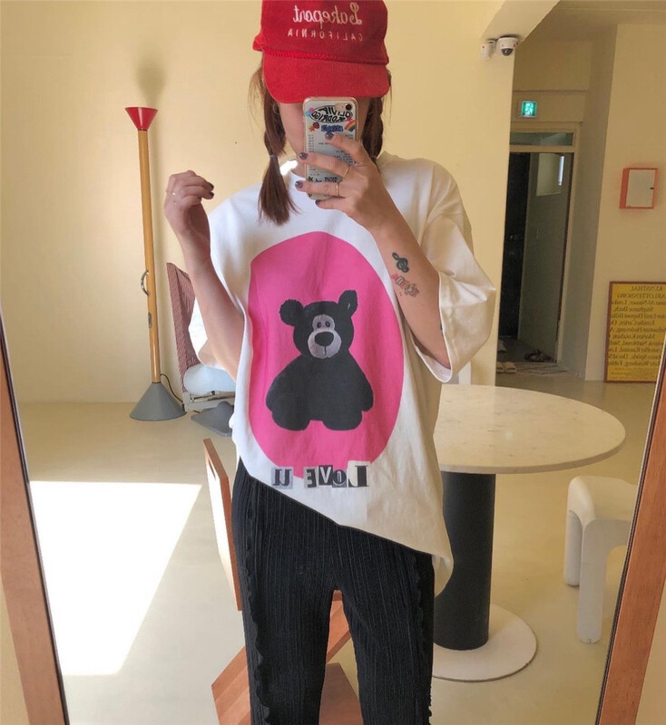 [June 6th] Korean loose bear print round neck short sleeve T-shirt 602-2# WPL