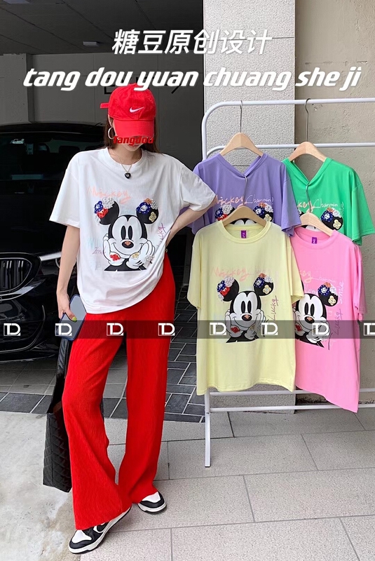 New in early summer! [tangdou original] nail bead heavy industry cartoon fashion hot drill short sleeve T-shirt 9568# WTT