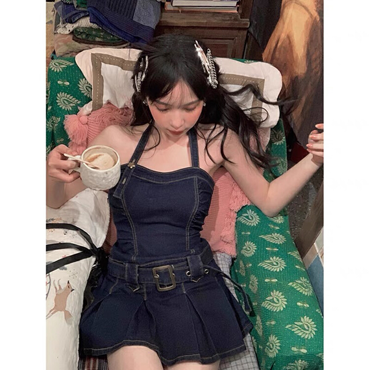 【花熙】辣妹設計感小眾掛脖牛仔連衣裙(配腰帶)(不含搭配)  8981#  PCZ