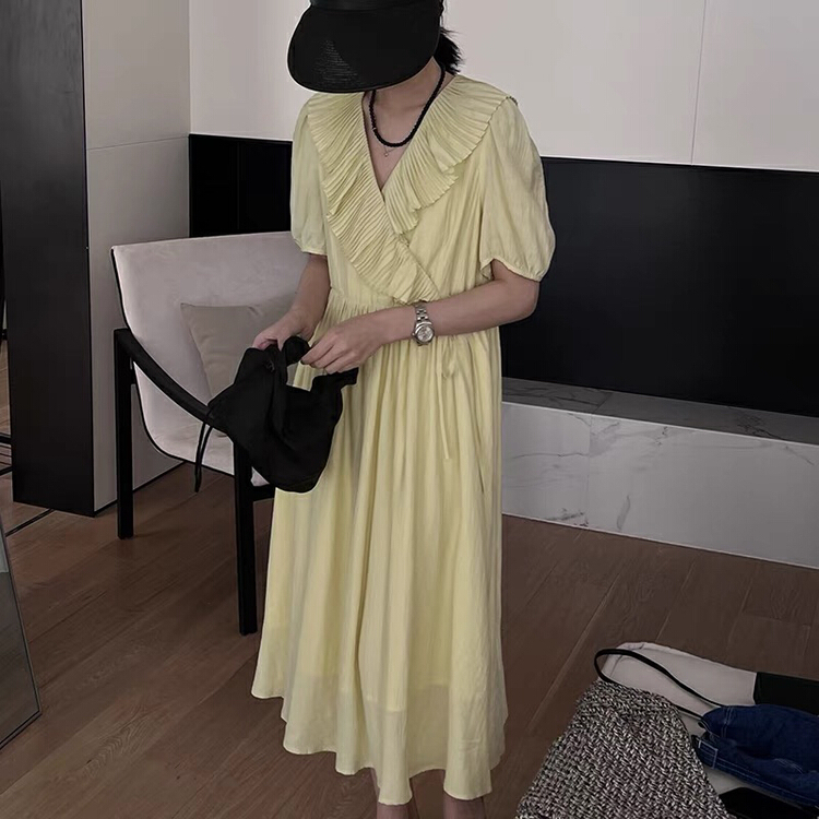 [Yingying new clothes] pleated lotus leaf collar large lapel side lace up dress 7455# Cl