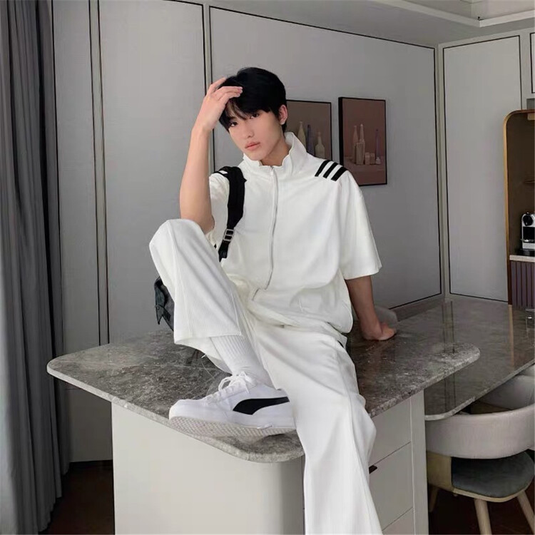 New in early summer! [MF] zipper color matching short sleeve jacket + comfortable casual pants two piece suit 6205-1# ZZL