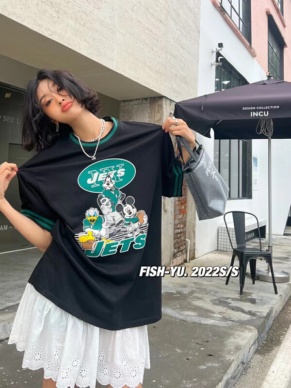 In early summer! [fish Yu] cartoon printed round neck short sleeve T-shirt 22135\lsl