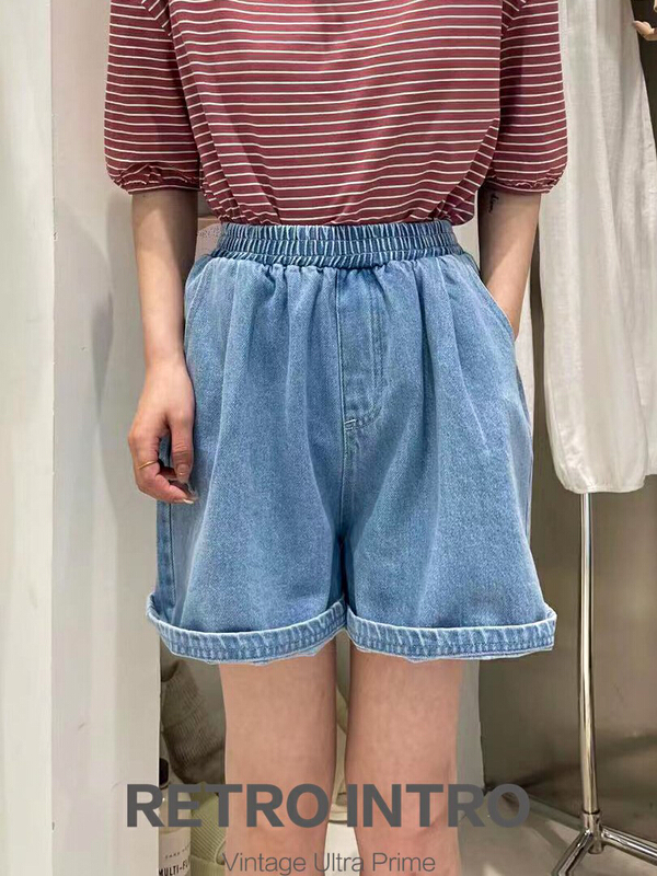 [Rin] elastic waist casual versatile denim shorts r21077# cqw