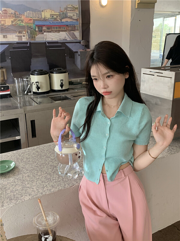 [timely rain] Korean polo collar short short sleeved sweater (only knitted cardigan) 02587# WPL