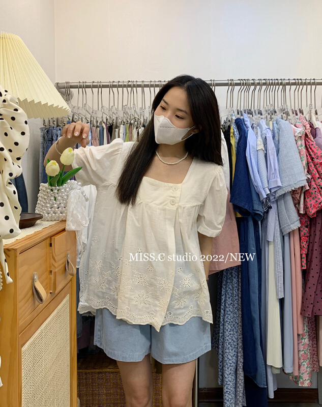 [miss. C studio] Korean style square neck bubble sleeve short shirt 8869# zxx