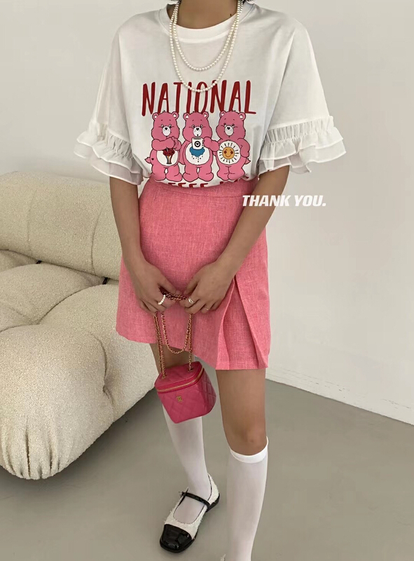 [Xiaoxiaojia] lace sleeve round neck versatile printed short sleeve T-shirt 80511# WTT