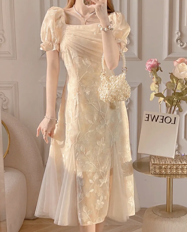 [JH] Xiaoxiang pearl embroidered Lantern Sleeve Dress 41611# PCZ