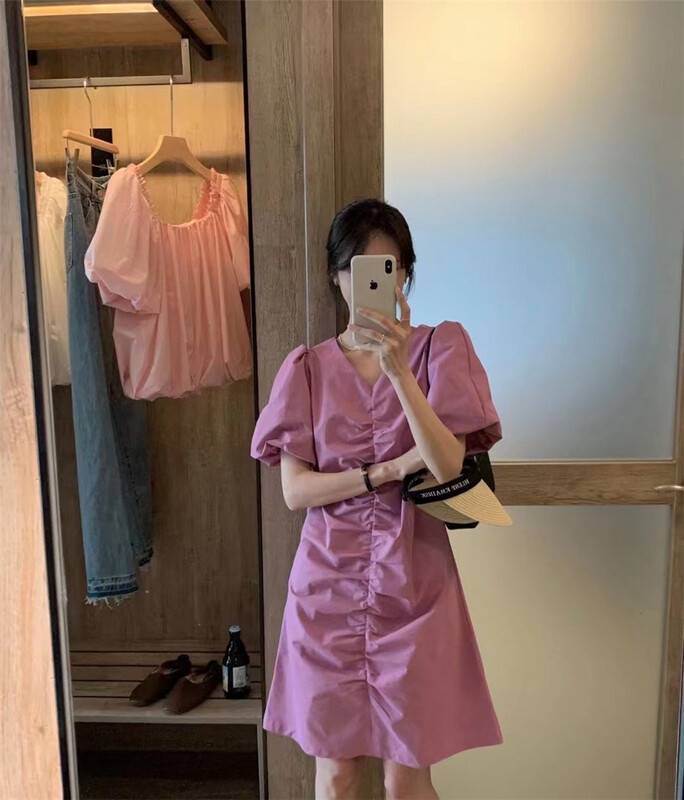 [Nai Kan Nik] V-neck pleated and slim dress 9597# lwy