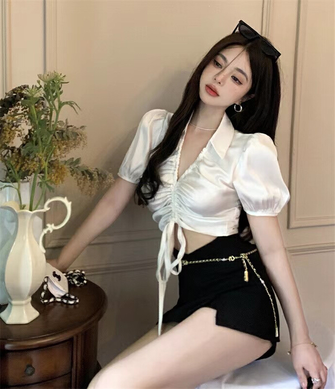 [millet +] fashion versatile bubble sleeve drawstring Lapel shirt 1016# WPL