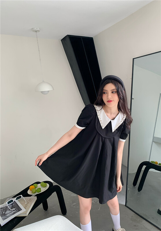 New year in early spring! [rich] contrast color doll neck loose short sleeve dress 1053# PCZ