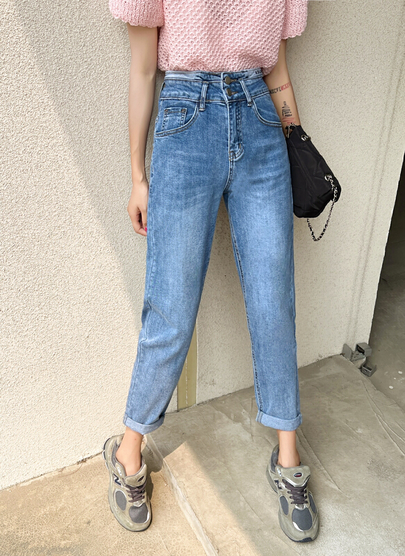 [M +] Korean alphabet printed elastic Harlan jeans m3702# CLS