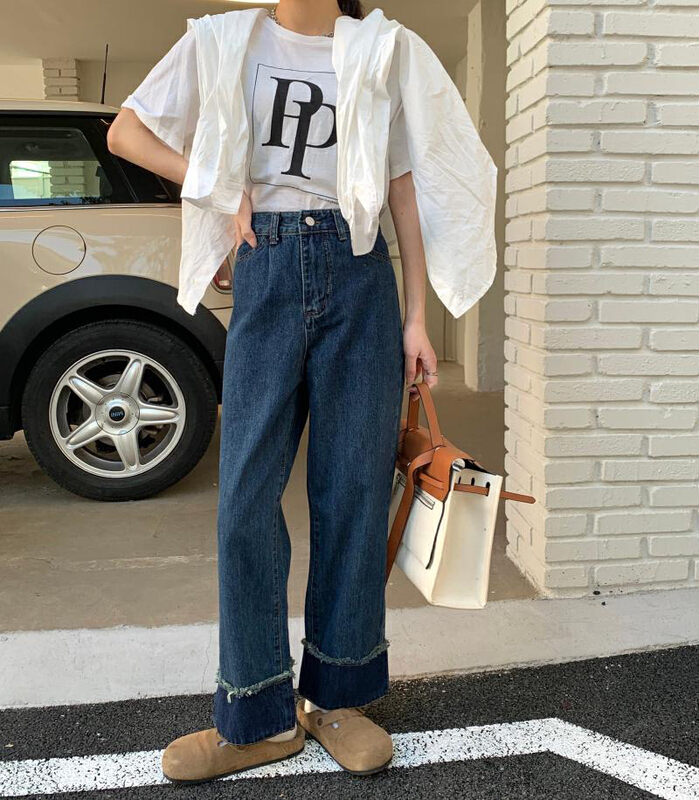 New year in early spring! [ten. Ten] Korean version pants leg stitching high waist loose wide legs thin versatile jeans 7949# jhy