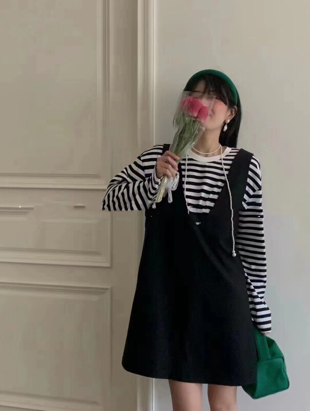 [an studio] Korean comfortable striped long sleeved T-shirt + versatile strap skirt set ys1-8786# ll