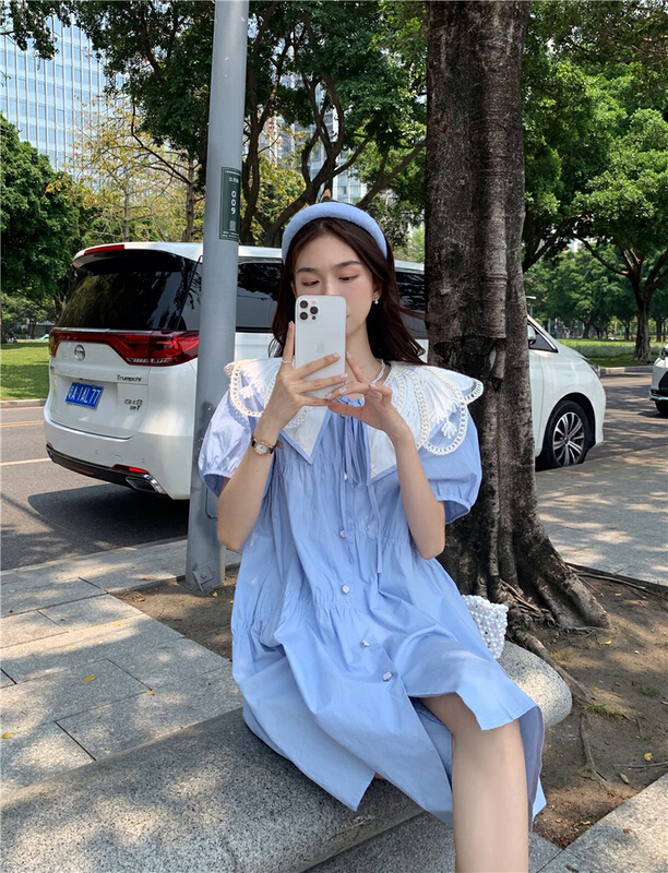 [timely rain] Hanfeng heavy industry double-layer webbing embroidered age reducing doll collar versatile loose and thin dress 99810# WPL