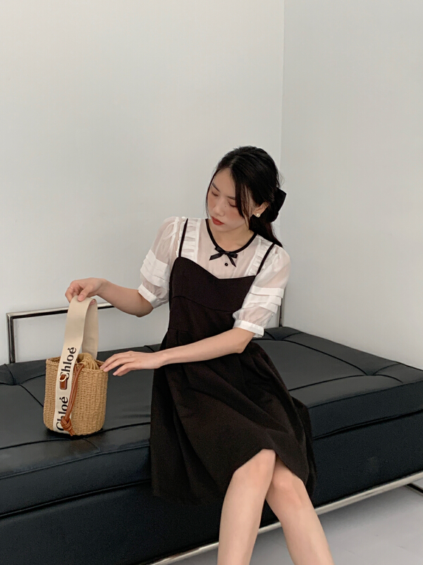 [new open] Korean color contrast round neck bubble sleeve blouse fy22568# zxl