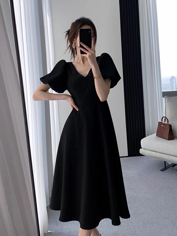 [S. small age] Vintage V-neck bubble sleeve dress 6673# hjy