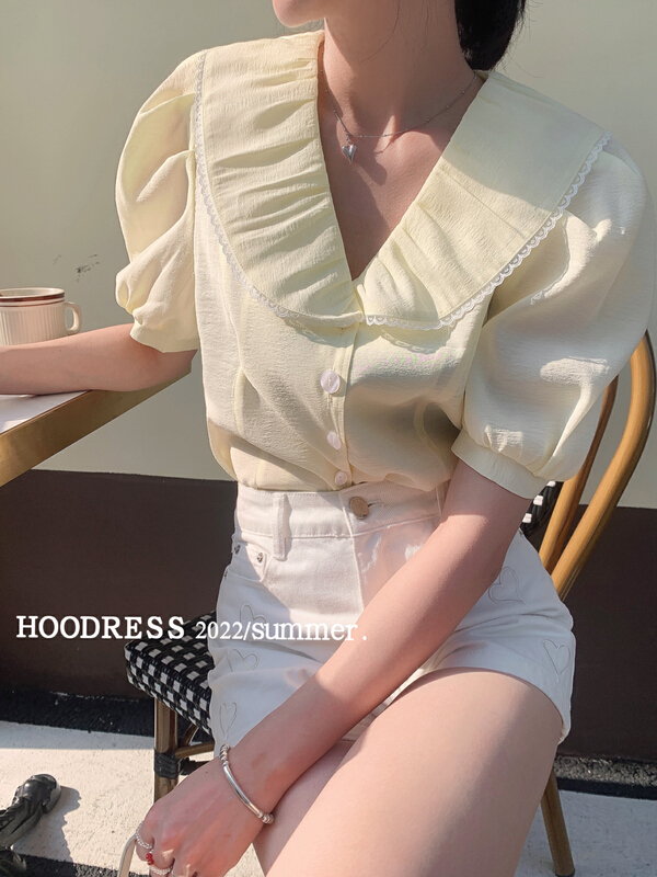 [huohuohuo hoopress] minimalist Ruffle Lapel bubble sleeve shirt 22120\ozq