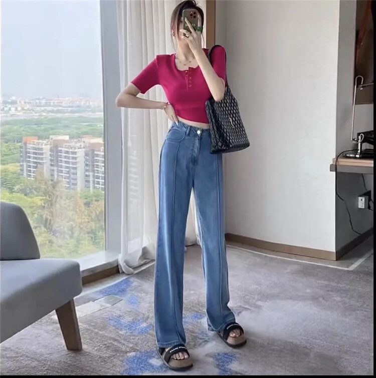 [洣 Cho] fashion slim wide leg jeans (without bag) 6977# LSL