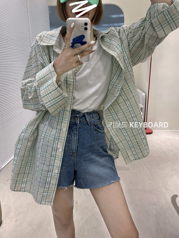 [keyboard] Korean checked breathable sunscreen shirt h-5556# LSL