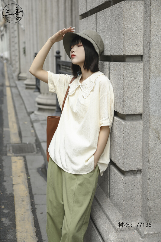 [original of three plain clothes] simple temperament casual lace collar shirt 77136# XYJ
