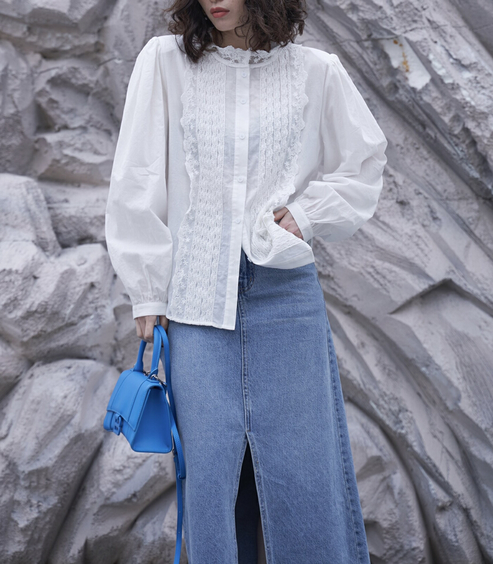 [Za] sweet lace small stand collar shirt 10299# LSL