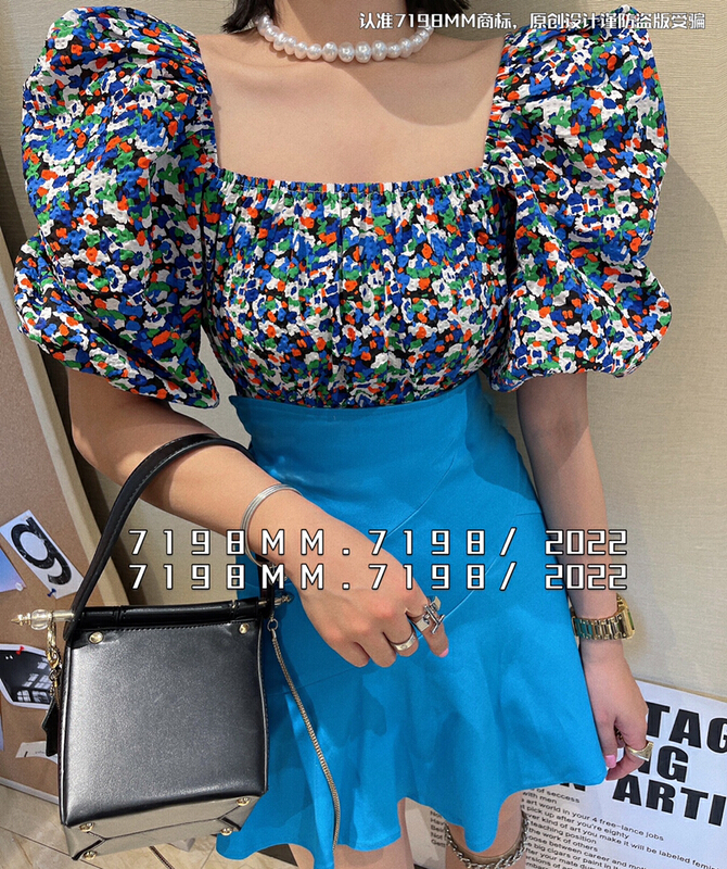goods in stock! [7198] modern spice girl style square neck floral bow short shirt 22280# PCZ