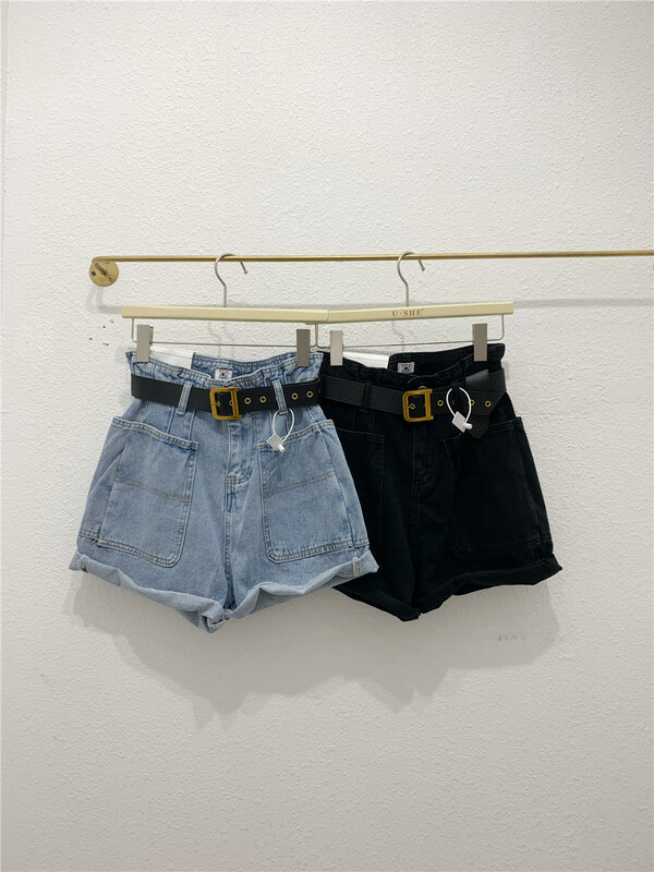 [u.she] Korean casual versatile denim shorts (with belt) 6255# cqw