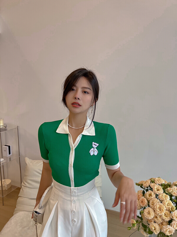 [Cr] Korean Lapel contrast ice silk bear shirt 090-1# PCZ