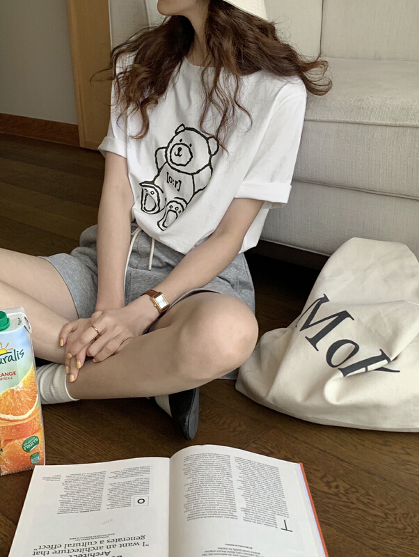 [T.G] Korean bear print round neck Pullover short sleeve T-shirt 16681# cqw