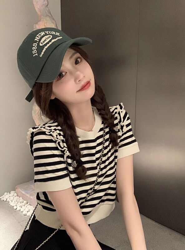 [smile baby] Korean aging style stitched wood ear edge contrast color T-shirt b3088# WPL
