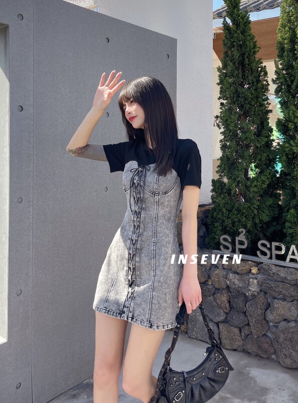 New in early summer! [inseven] design sense careful machine stitched denim dress 26506# ozq