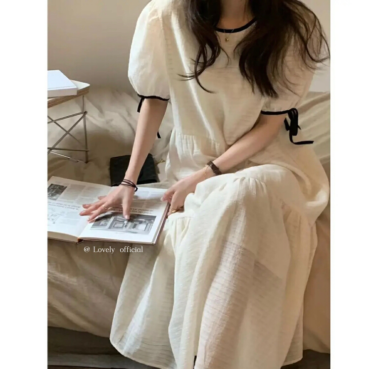New in early summer! [love] Korean color blocking temperament bubble sleeve medium long sweet dress s1279# HBx
