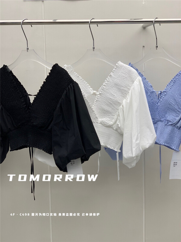 [tomorrow] V-neck bubble sleeve short shirt 8034# ozq