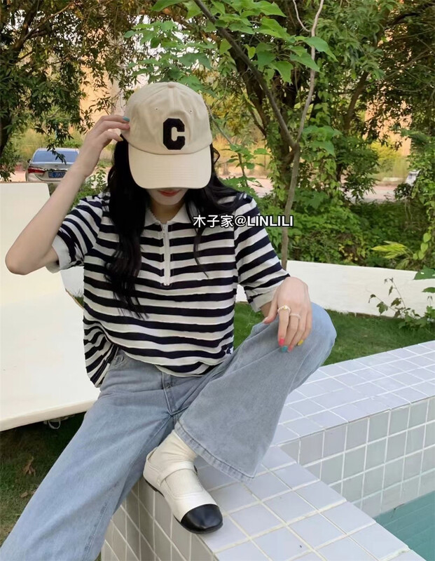 [Muzi family] simple stripe polo collar shirt 66949# XYY