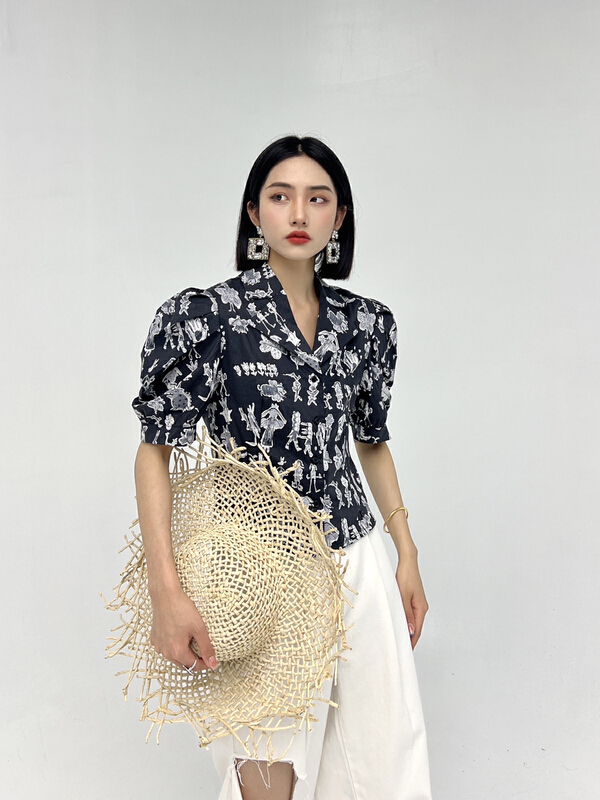[d.two D2] bubble sleeve fashion printed shirt 2221159# zxl