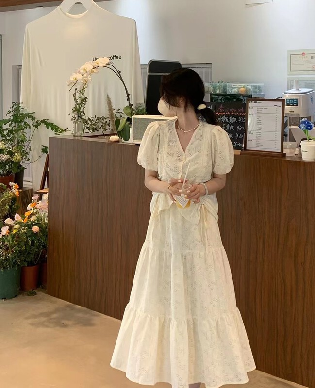 [sunshine] Korean drawstring button up blouse + slim skirt two piece suit 9561# cqw