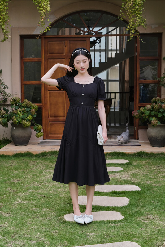 goods in stock! New in early summer! [purple edge] French style square neck temperament pull dress (detachable with pearl) 9309# zxx