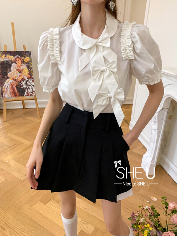 New in early summer! [she u] national style bow tie foreign style shirt c50122# cqw