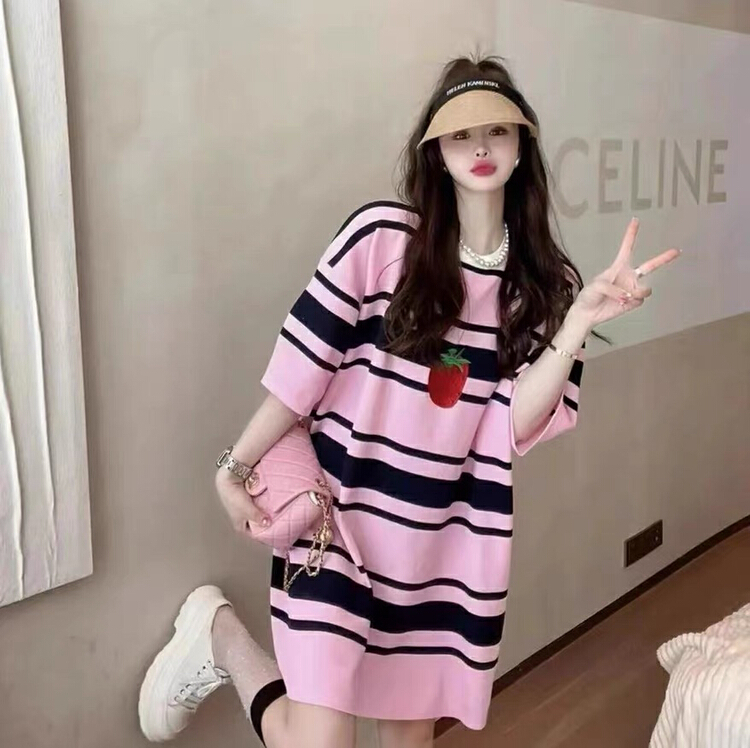 [f · P] strawberry embroidery stripe contrast dress a566# HBx