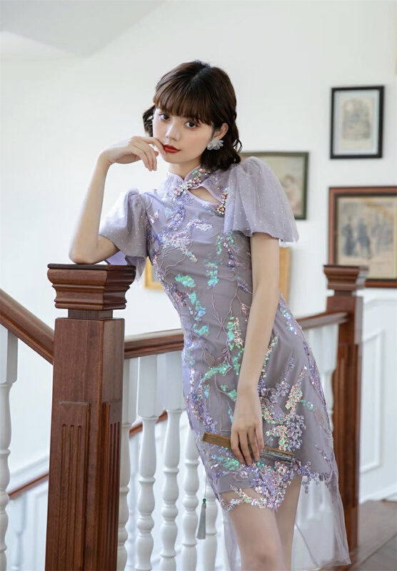 [Joyce stang] Chinese style stand up collar with disc buckle to show thin dress 21131# JJ