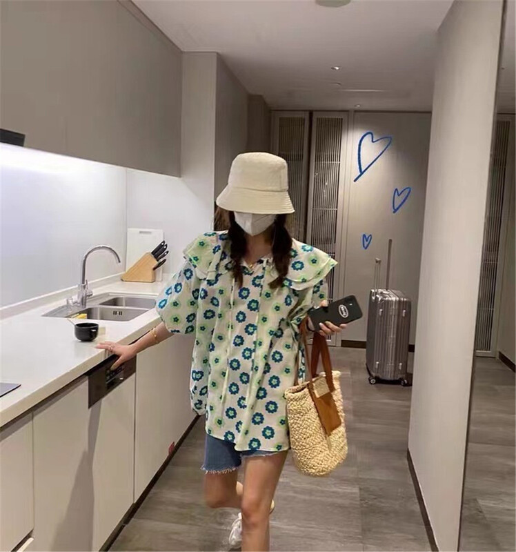 [replace] Korean printed large lapel loose shirt 10803# XYY