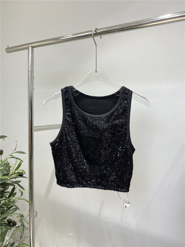 [Tan] Korean heavy industry Sequin design short vest / sling a2428# zxx